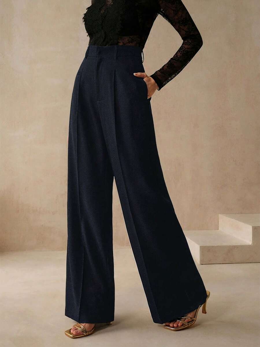 Women's Belted Straight Leg Suit Trousers, Stretch Dress Pants for Work Office - Grey