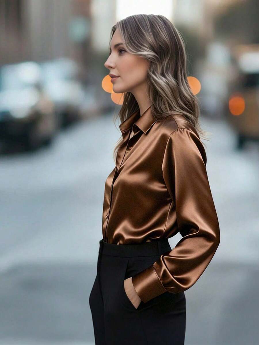 Valeria Satin Long Sleeve Button Down Collared Shirt - Chocolate Brown