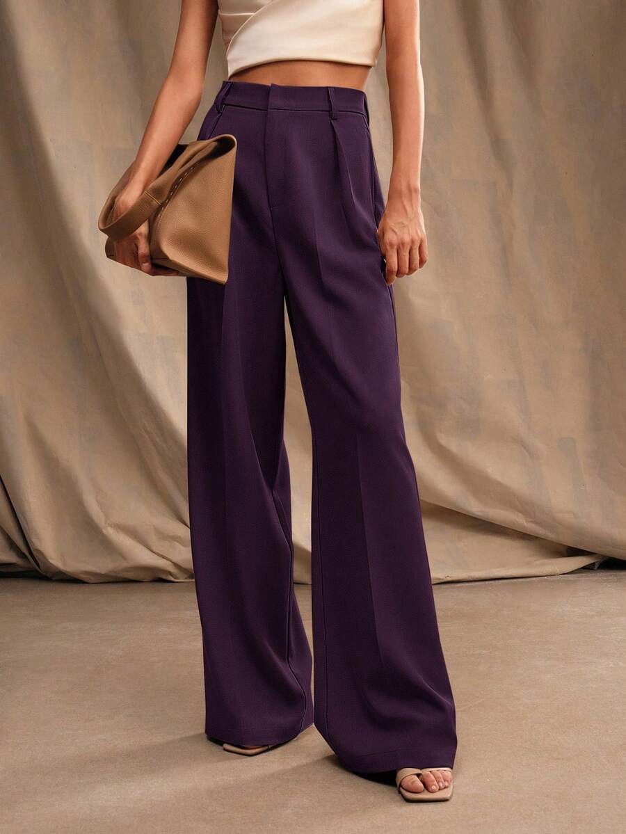 Tatiana Pleated High Waist Wide Leg Trousers with Pockets - Beige