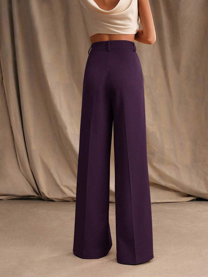 Tatiana Pleated High Waist Wide Leg Trousers with Pockets - Blue