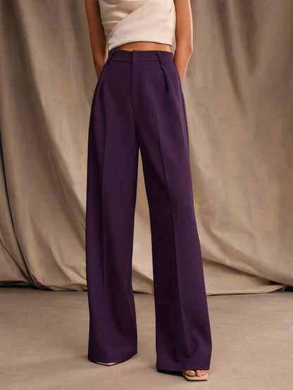 Tatiana Pleated High Waist Wide Leg Trousers with Pockets - Burgundy