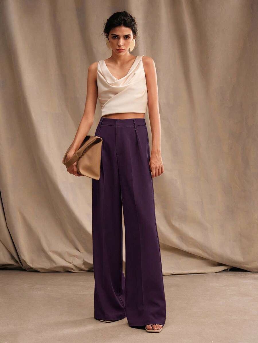 Tatiana Pleated High Waist Wide Leg Trousers with Pockets - Grey