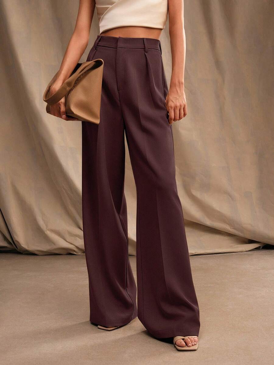 Tatiana Pleated High Waist Wide Leg Trousers with Pockets - Grey