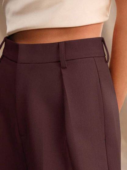 Tatiana Pleated High Waist Wide Leg Trousers with Pockets - Khaki