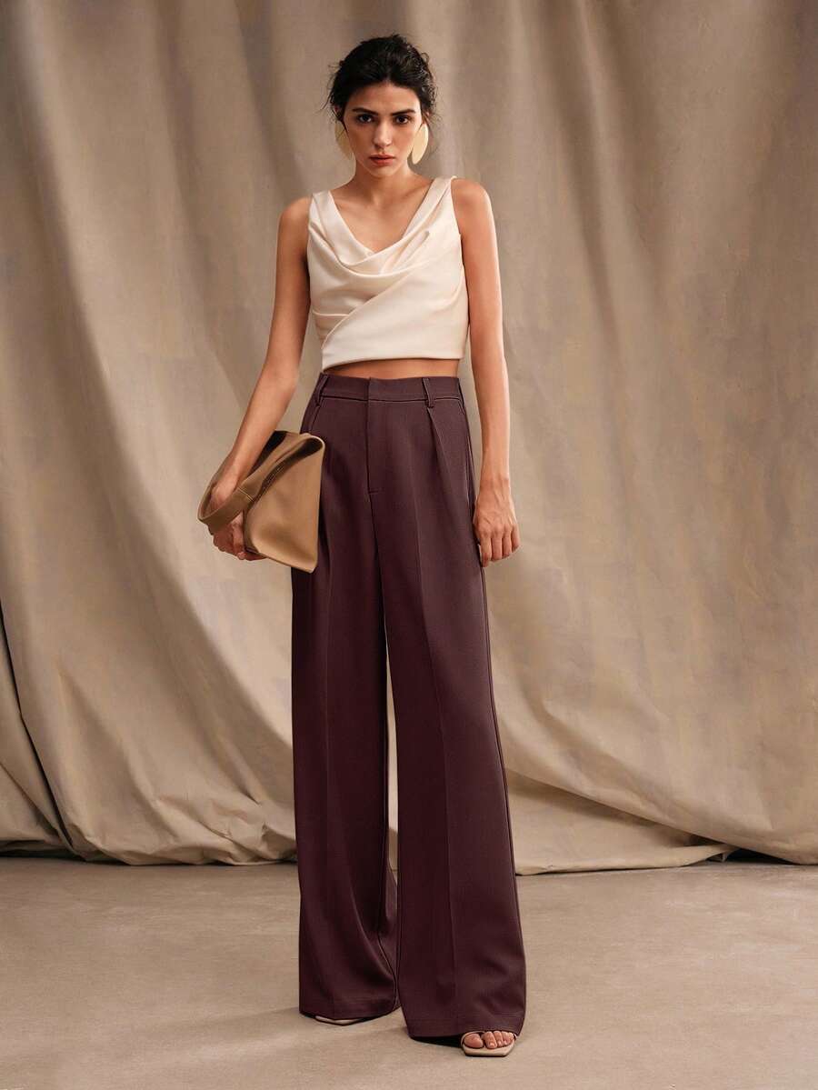 Tatiana Pleated High Waist Wide Leg Trousers with Pockets - Apricot