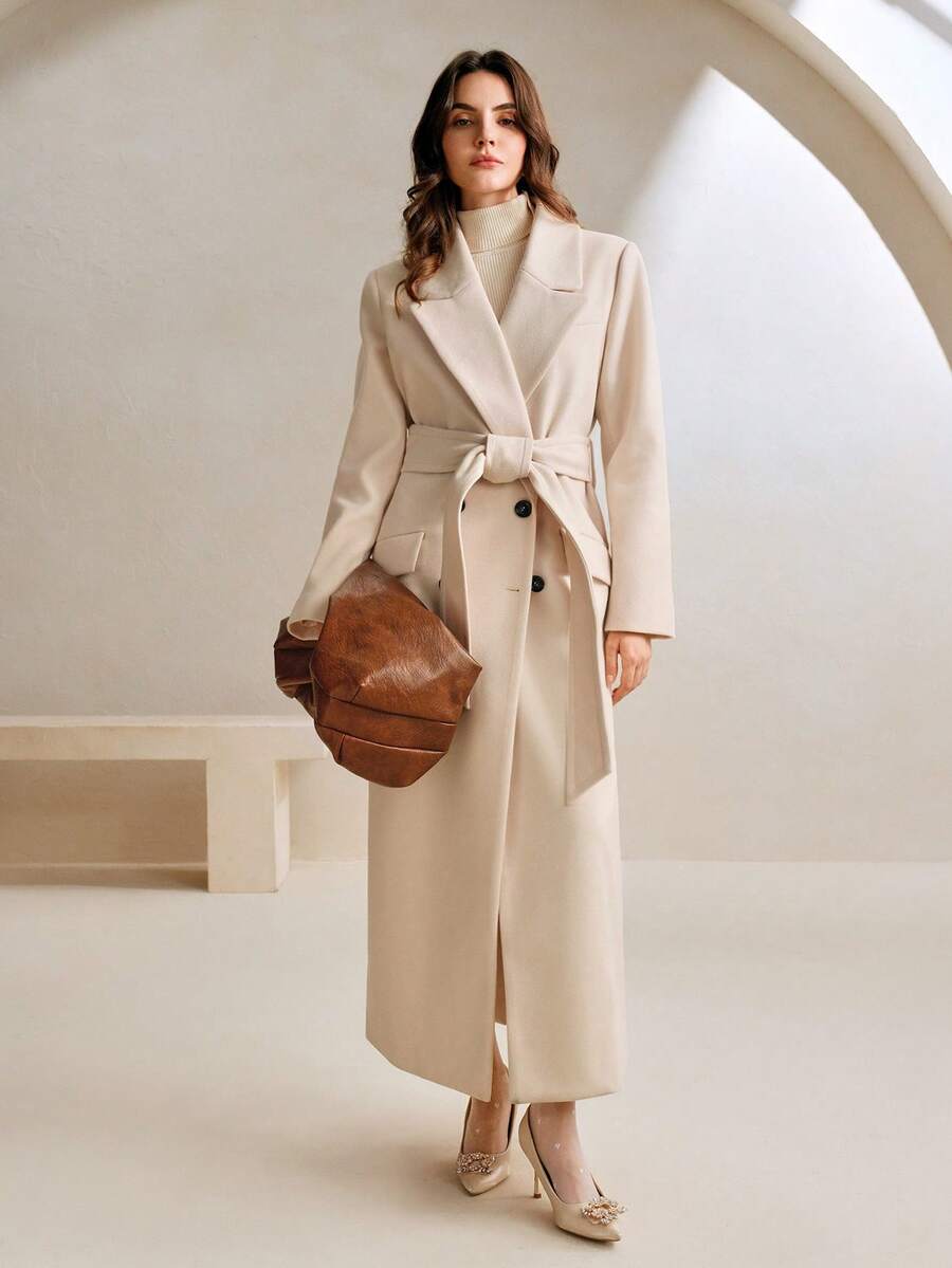 Heidelberg Belted Double Breasted Long Wrap Coat with Pockets - Apricot