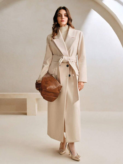 Heidelberg Belted Double Breasted Long Wrap Coat with Pockets - Apricot