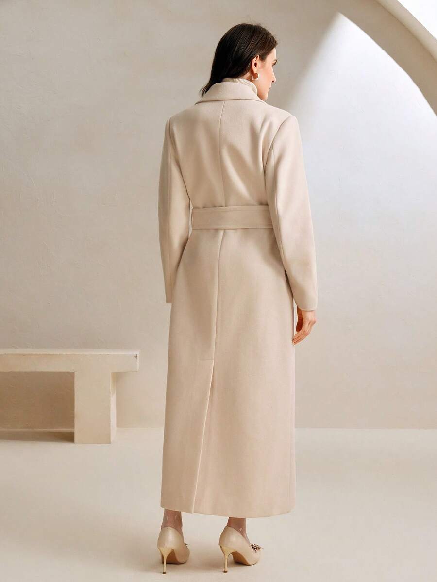 Valeska Belted Double-Breasted Lapel Long Coat with Pockets - Brown