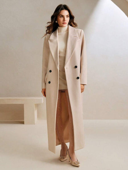Valeska Belted Double-Breasted Lapel Long Coat with Pockets - Apricot