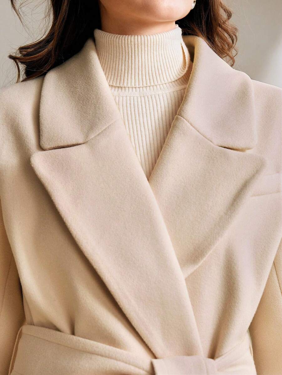 Valeska Belted Double-Breasted Lapel Long Coat with Pockets - Grey