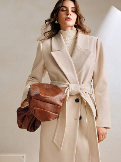Valeska Belted Double-Breasted Lapel Long Coat with Pockets - Chocolate Brown
