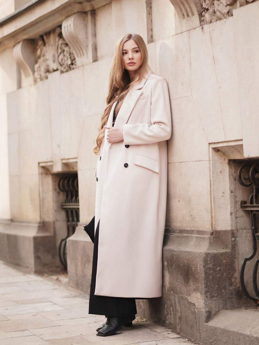 Valeska Belted Double-Breasted Lapel Long Coat with Pockets - Olive Green