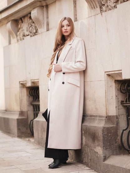 Valeska Belted Double-Breasted Lapel Long Coat with Pockets - Olive Green