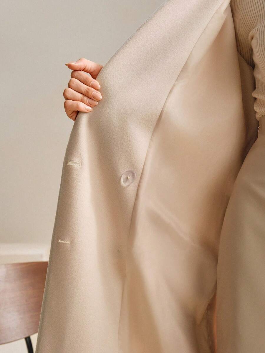 Valeska Belted Double-Breasted Lapel Long Coat with Pockets - Dark Grey