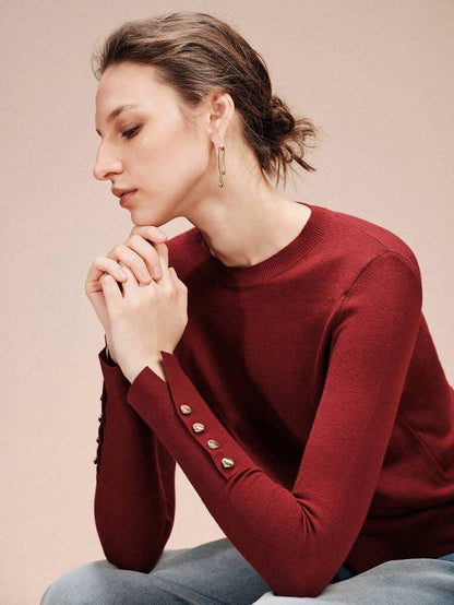 Women's Fine Knit Sweater with Button Cuffs, Lightweight Pullover for Fall Work Casual - Burgundy