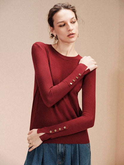 Women's Fine Knit Sweater with Button Cuffs, Lightweight Pullover for Fall Work Casual - Beige