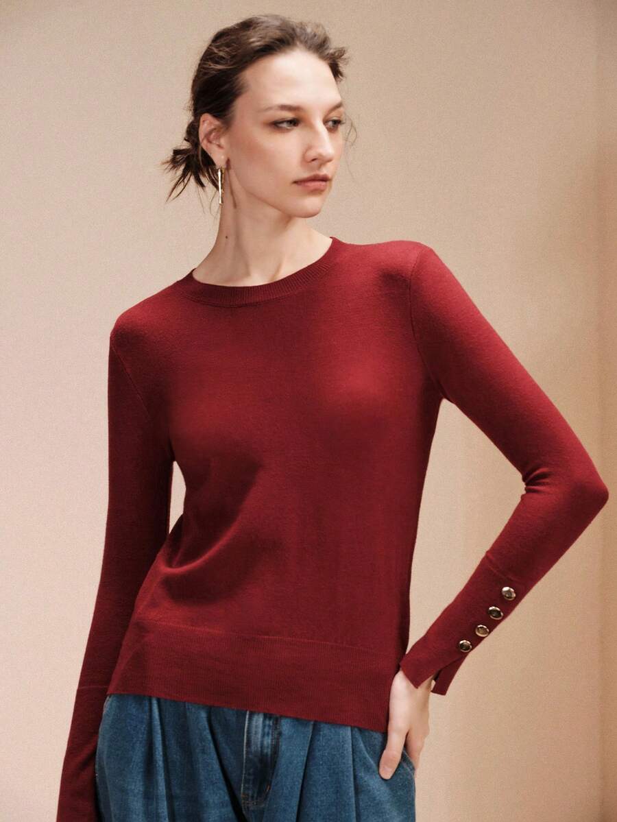 Women's Fine Knit Sweater with Button Cuffs, Lightweight Pullover for Fall Work Casual - Beige