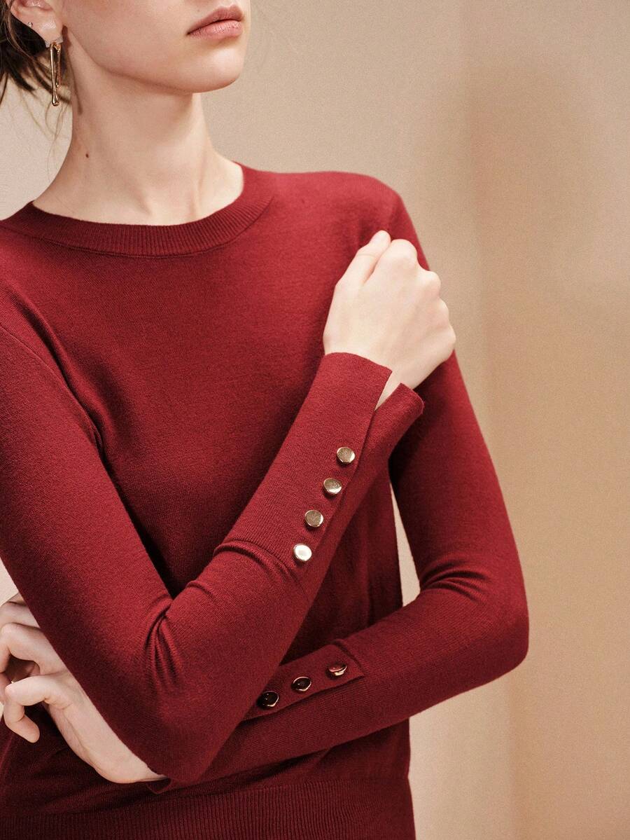Women's Fine Knit Sweater with Button Cuffs, Lightweight Pullover for Fall Work Casual - Beige
