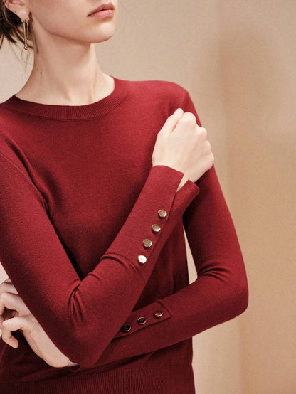 Women's Fine Knit Sweater with Button Cuffs, Lightweight Pullover for Fall Work Casual - Beige