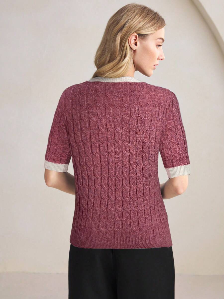 Rosalind Round Neck Short Sleeve Cable Knit Top - Red