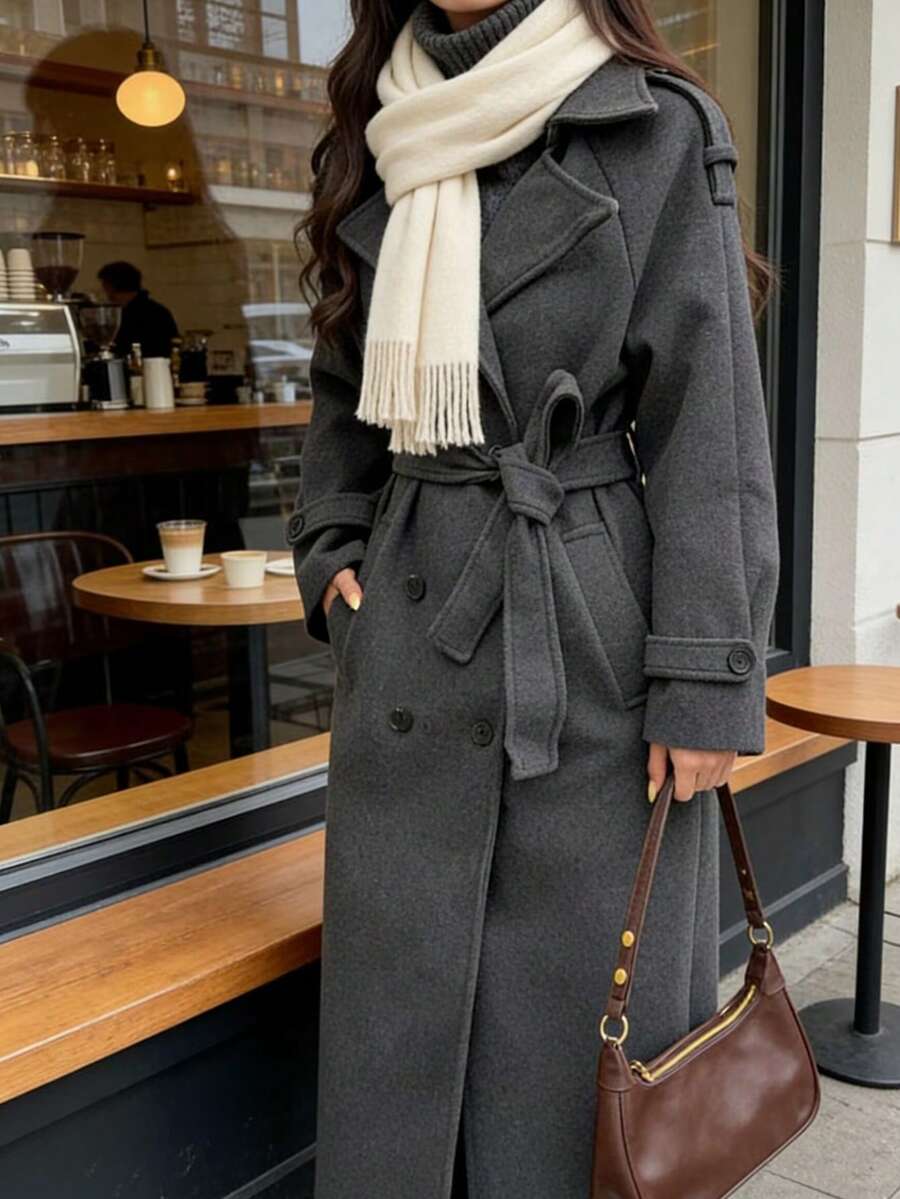 Laurel Double Breasted Belted Long Coat with Peak Lapels - Charcoal Grey