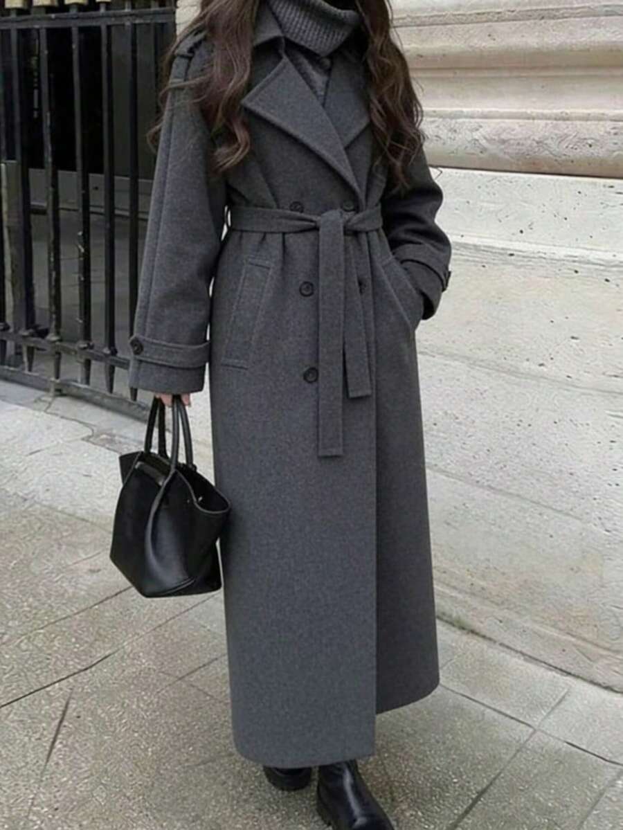 Laurel Double Breasted Belted Long Coat with Peak Lapels - Charcoal Grey