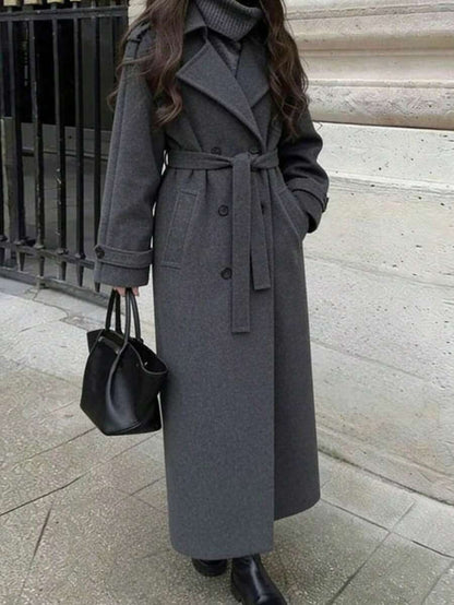 Laurel Double Breasted Belted Long Coat with Peak Lapels - Charcoal Grey