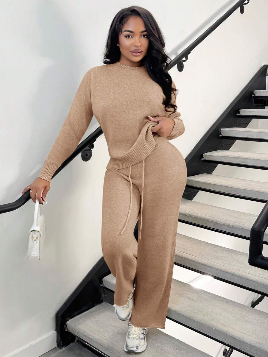 Celestine Crew Neck Dolman Sleeve Sweater and Wide Leg Knit Pants Set - Camel