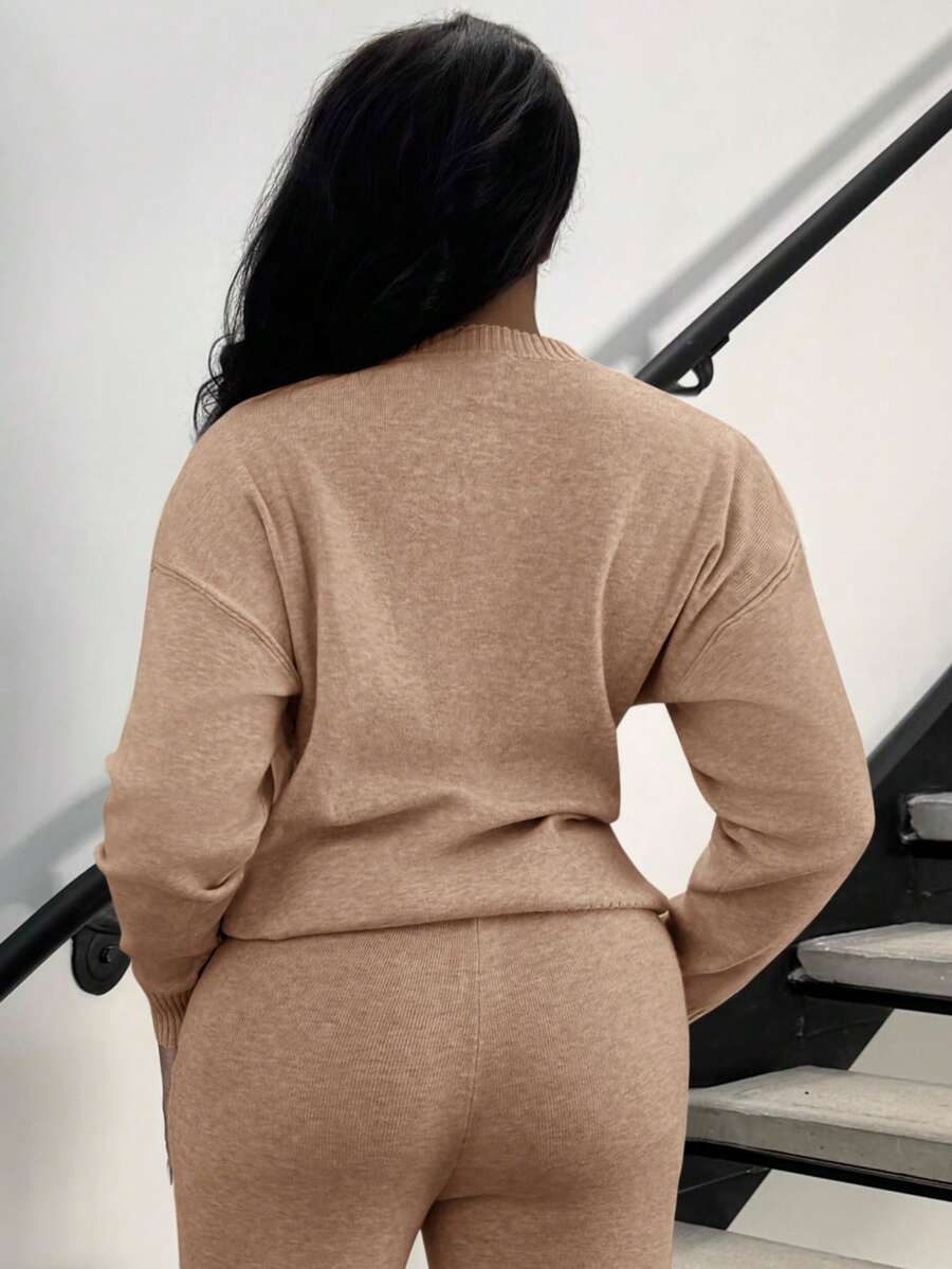Celestine Crew Neck Dolman Sleeve Sweater and Wide Leg Knit Pants Set - Camel