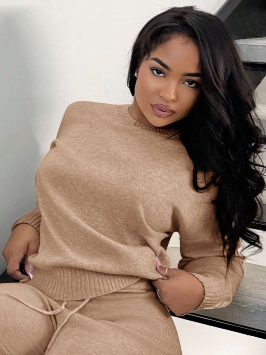 Celestine Crew Neck Dolman Sleeve Sweater and Wide Leg Knit Pants Set - Camel