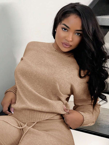 Celestine Crew Neck Dolman Sleeve Sweater and Wide Leg Knit Pants Set - Camel