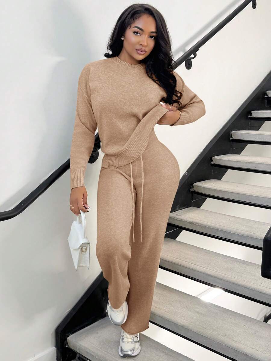 Celestine Crew Neck Dolman Sleeve Sweater and Wide Leg Knit Pants Set - Camel