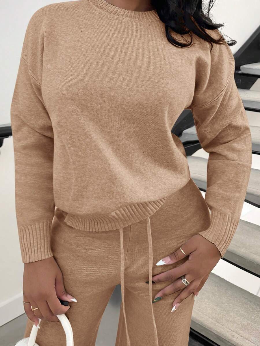 Celestine Crew Neck Dolman Sleeve Sweater and Wide Leg Knit Pants Set - Camel