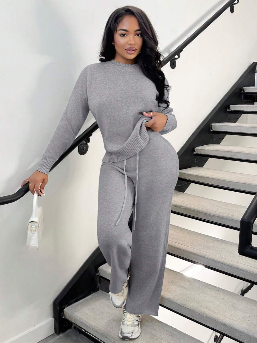 Celestine Crew Neck Dolman Sleeve Sweater and Wide Leg Knit Pants Set - Light Grey