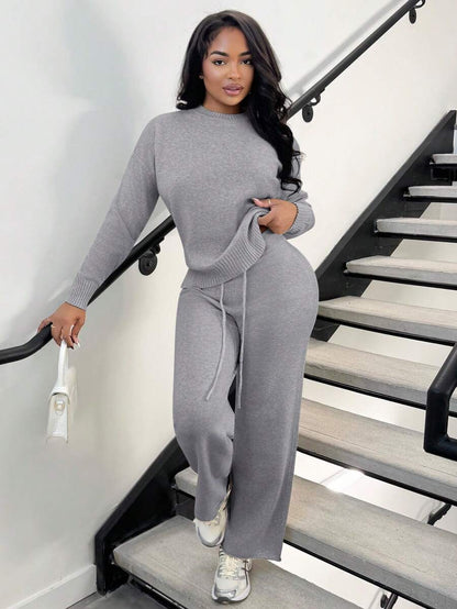 Celestine Crew Neck Dolman Sleeve Sweater and Wide Leg Knit Pants Set - Light Grey