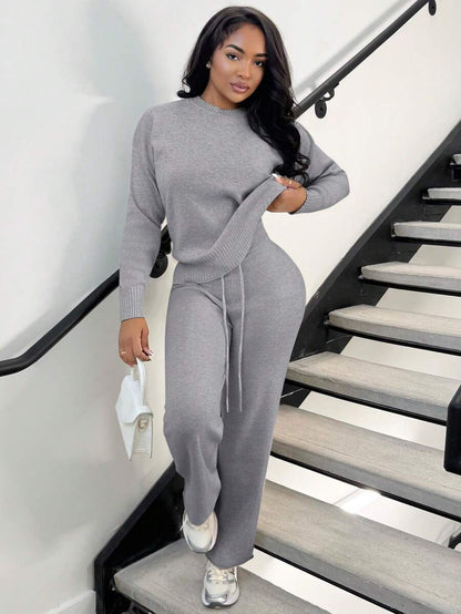Celestine Crew Neck Dolman Sleeve Sweater and Wide Leg Knit Pants Set - Light Grey