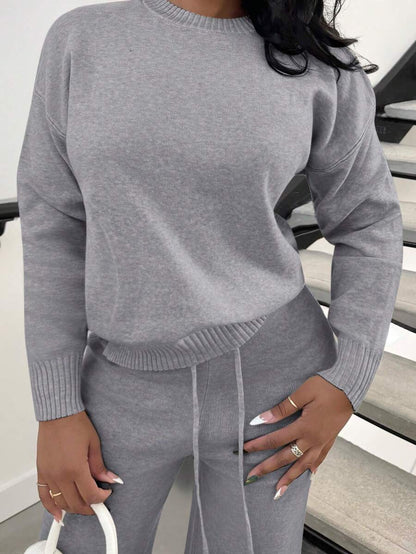 Celestine Crew Neck Dolman Sleeve Sweater and Wide Leg Knit Pants Set - Light Grey