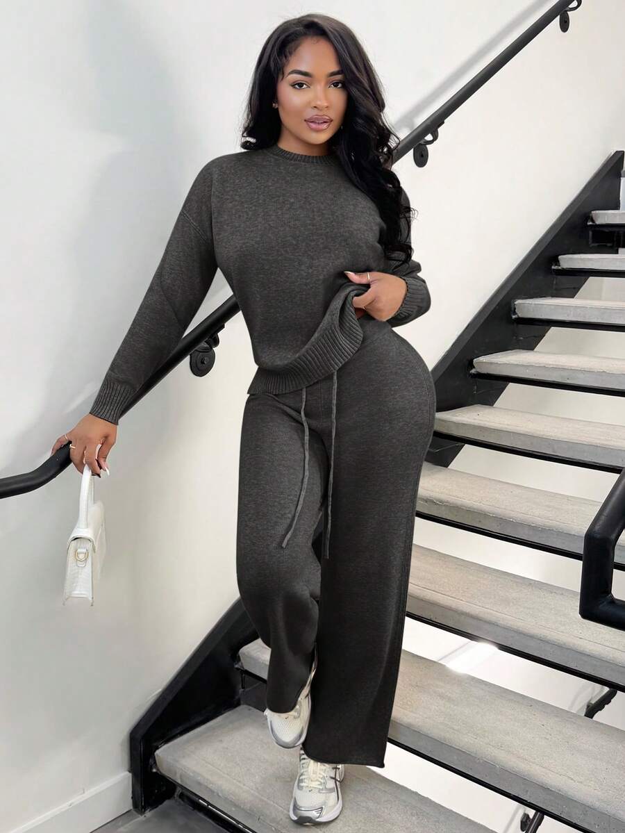 Celestine Crew Neck Dolman Sleeve Sweater and Wide Leg Knit Pants Set - Charcoal Grey