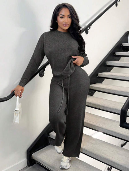 Celestine Crew Neck Dolman Sleeve Sweater and Wide Leg Knit Pants Set - Charcoal Grey