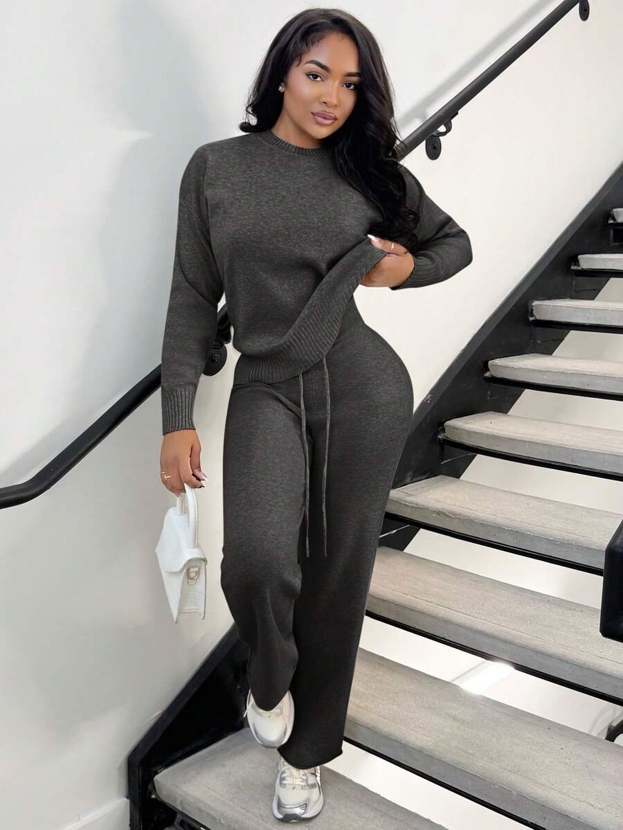 Celestine Crew Neck Dolman Sleeve Sweater and Wide Leg Knit Pants Set - Charcoal Grey