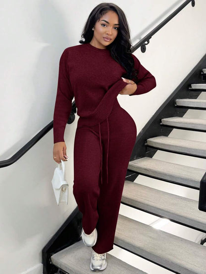 Celestine Crew Neck Dolman Sleeve Sweater and Wide Leg Knit Pants Set - Burgundy