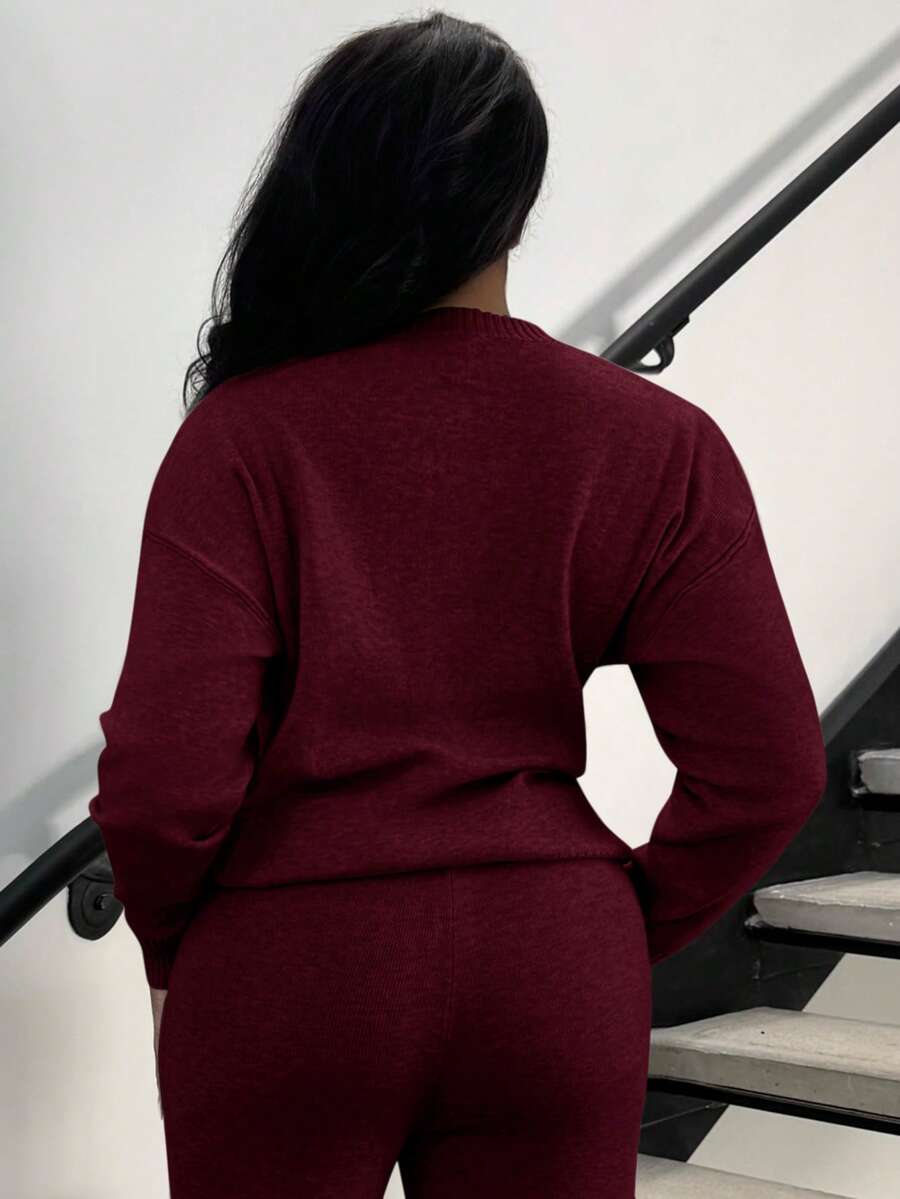 Celestine Crew Neck Dolman Sleeve Sweater and Wide Leg Knit Pants Set - Burgundy