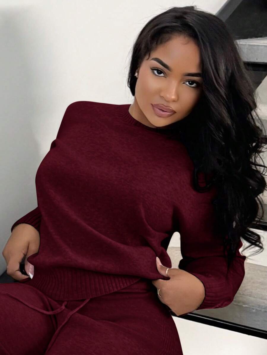 Celestine Crew Neck Dolman Sleeve Sweater and Wide Leg Knit Pants Set - Burgundy