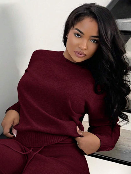 Celestine Crew Neck Dolman Sleeve Sweater and Wide Leg Knit Pants Set - Burgundy