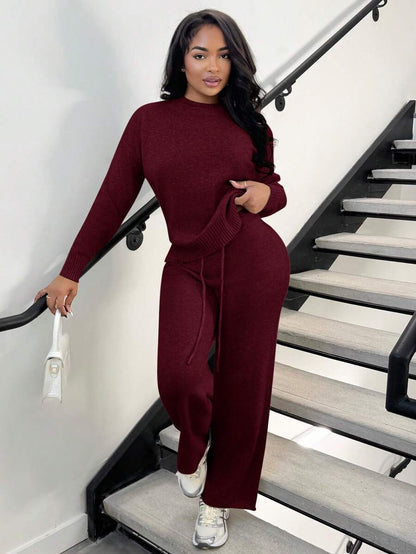 Celestine Crew Neck Dolman Sleeve Sweater and Wide Leg Knit Pants Set - Burgundy