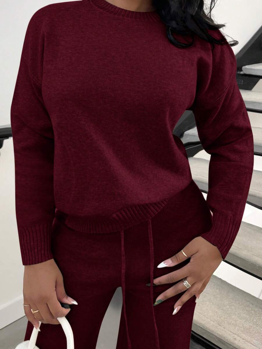 Celestine Crew Neck Dolman Sleeve Sweater and Wide Leg Knit Pants Set - Burgundy