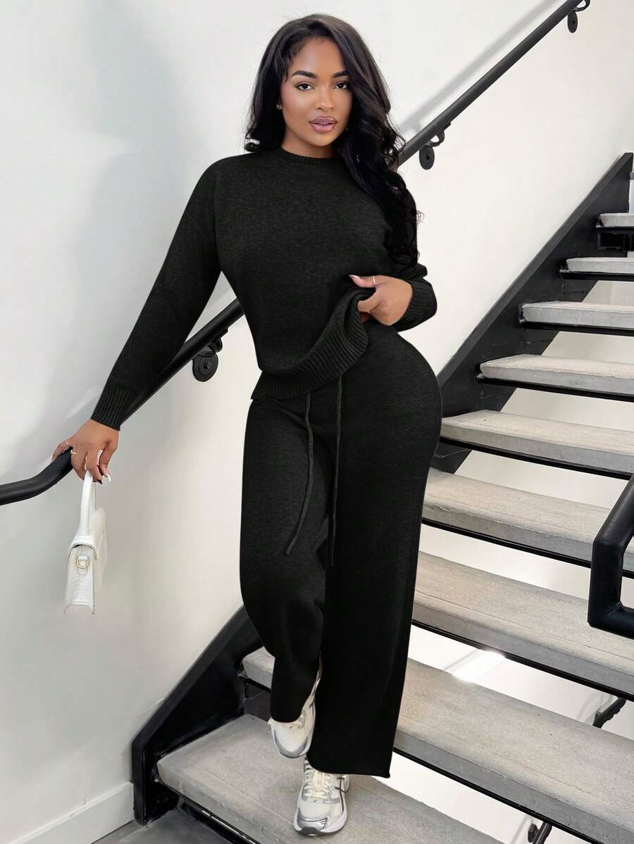 Celestine Crew Neck Dolman Sleeve Sweater and Wide Leg Knit Pants Set - Black