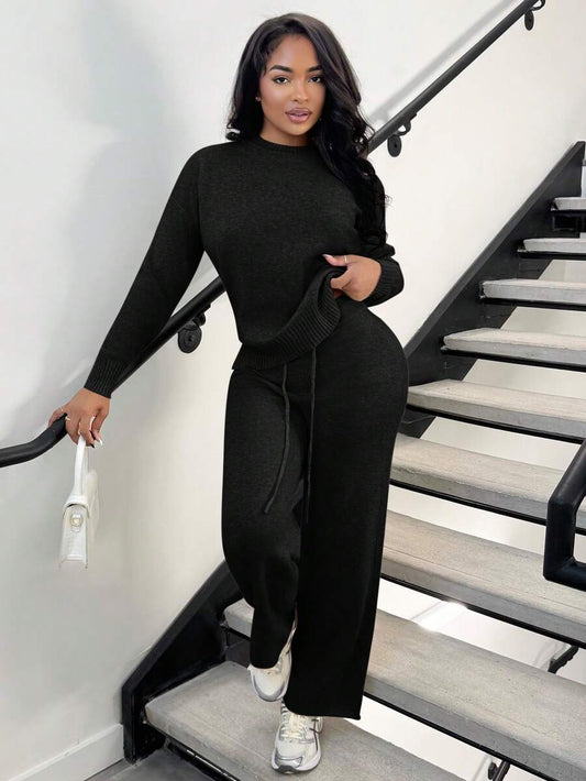 Celestine Crew Neck Dolman Sleeve Sweater and Wide Leg Knit Pants Set - Black