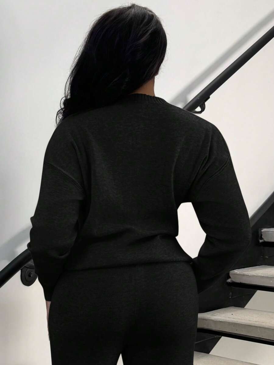 Celestine Crew Neck Dolman Sleeve Sweater and Wide Leg Knit Pants Set - Black