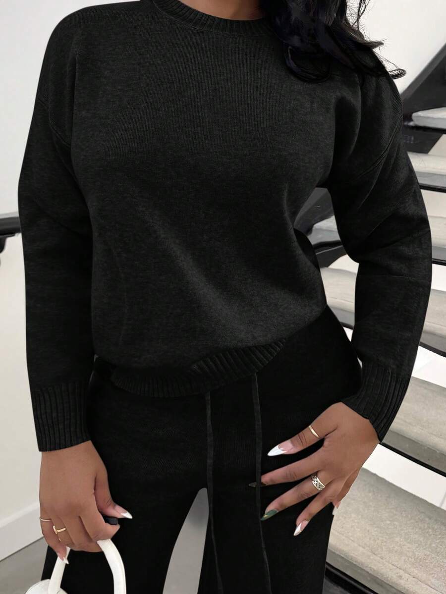 Celestine Crew Neck Dolman Sleeve Sweater and Wide Leg Knit Pants Set - Black